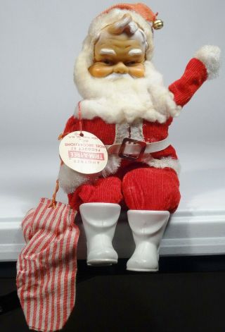 Vintage 9 " Seated Corduroy Santa Claus Doll,  Rubber Face,  Straw Stuffed W/tag