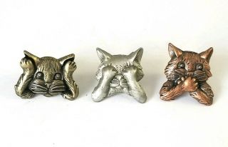 Set Of 3 Vtg Signed Jj Metal Cat Pins Three Designs Gold/silver/copper Tones
