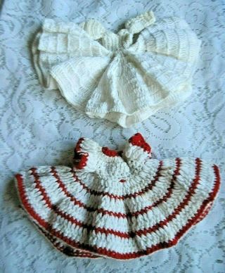 2 Vintage Hand Crocheted Doll Dresses Red/white & All White