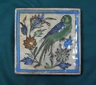 Middle Eastern Antique Bird & Flower Tile,  C.  Early 20th Cent.  7 X 7 In.