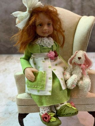 VINTAGE Miniature Dollhouse UK Artisan Sculpted Little Girl With Bunny OOAK 2