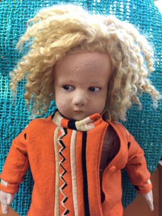 Vintage Lenci Doll 16” Jointed Orange Felt Blonde Curls Italy