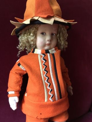 Vintage LENCI Doll 16” Jointed Orange Felt Blonde Curls Italy 3