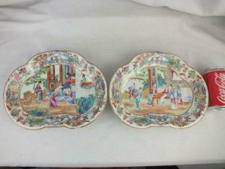 Fine Pair 19th C Chinese Porcelain Canton Famille Rose Kidney Shaped Dishes