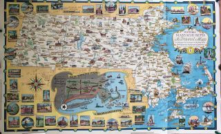 Vintage Pictorial Map Historic Massachusetts Cape Martha Illustrated Drawn 1950