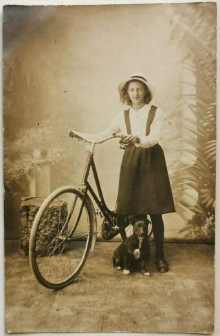 Vintage Photo Postcard With Pretty Teen Girl With Bicycle And Her Dog C.  1910