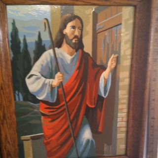 Jesus Knocking At Dooor 19 " X15 " Solid Oak Frame.  Vintage Paint By The Numbers.