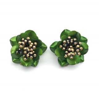 Vintage Enamel Flower Clip Earrings Green Black