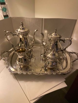 Antique Silver Plated Coffee And Tea Service With Tray And Sugar And Creamer