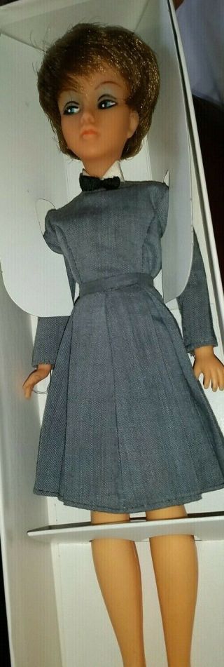 Vintage Tina Cassini Brunette Doll In Slate Blue/gray Herringbone Dress