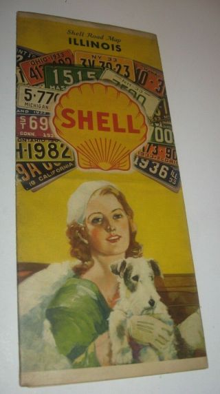 Vintage 1933 Illinois Road Map Shell Oil Gas Fold Out Prop