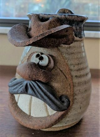 Vintage 3d Art Pottery Face Coffee Mug Stoneware Cup Cowboy,  Signed,  Guc