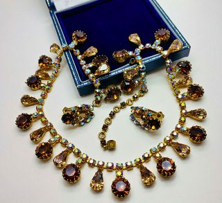 Vintage Sparkling Amber/aurora Borealis Rhinestone Drop Necklace/earrings Set
