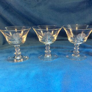 Set Of 3 Vintage Fostoria Crystal Rose 6036 Etch 827 Champagne Glasses 4 7/8”