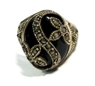 Vintage 925 Sterling Silver Oval Black Onyx & Marcasite Ring,  P.  5,  6.  91g - N38