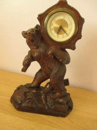 Large Black Forest Hiking Bear Mantel Clock Wood Carving Swiss