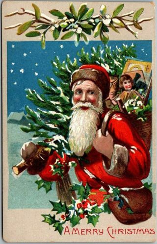 Vintage 1910s Christmas Postcard Smiling Santa Claus In Red Suit / Snow -