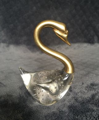 Vintage Mcm Murano Italy Clear Gold Dipped Art Glass Swan Paperweight