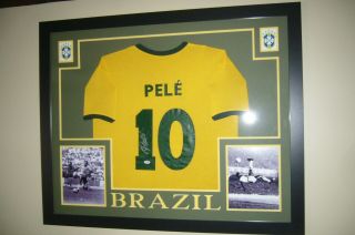 Pele Signed Brazil 35 " X 43 " Custom Framed Jersey (psa) Collectible