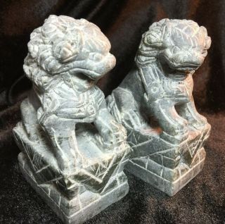 Vintage Hand Carved Marble/stone Foo Dogs,  Lions Green - Gray Shishi
