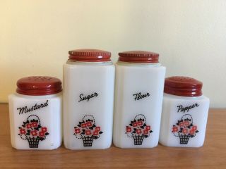 Tipp Usa Milk Glass Shakers Basket Flowers Sugar Flour Pepper Mustard Vintage