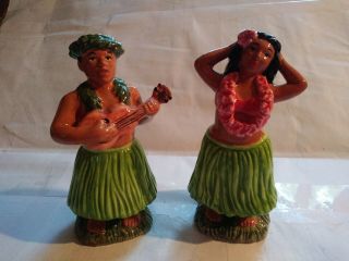 Vintage Clay Art Hawaiian Salt And Pepper Shakers Boy/girl Hula Dancers No Chips