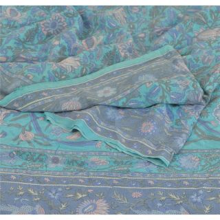 Sanskriti Vintage Blue Saree Pure Crepe Silk Printed Fabric 5yd Craft Decor Sari