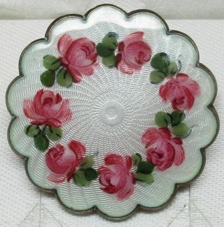 Vintage Sterling Silver Guilloche Enamel Rose Flower Brooch Pin From Norway