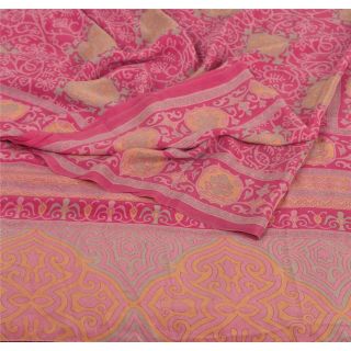 Sanskriti Vintage Pink Saree Pure Crepe Silk Printed Fabric 5yd Craft Decor Sari