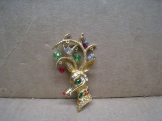 Vintage Mylu Signed Crystal Rhinestone Christmas Reindeer Head Brooch / Pin