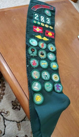 Vintage Girl Scouts Green Sash - 5 Stars,  16 Merit Badges
