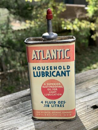 Vintage Atlantic Household Lead Top Handy Oiler 4 Oz Metal Oil Can Gas Sign