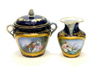 Sevres France Hand Painted Porcelain Covered Sugar Bowl And Creamer,  Circa 1900