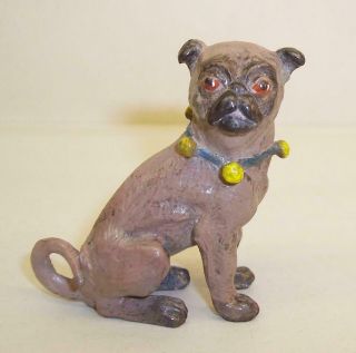 Vintage Cold Painted Bronze Metal Pug Dog Miniature Figure/sculpture Bell Collar
