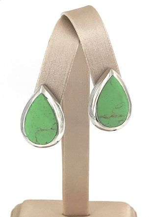 Lime Green Turquoise Sterling Silver Modernist Teardrop Post Earrings,  Vintage 2