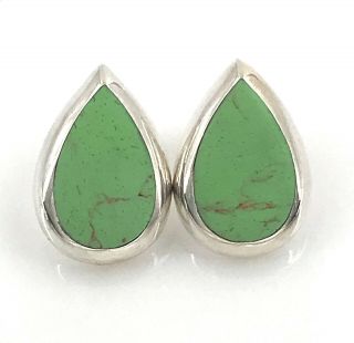 Lime Green Turquoise Sterling Silver Modernist Teardrop Post Earrings,  Vintage 3