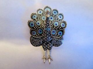 Vintage Siam Sterling Silver Blue Enamel Hinged Peacock Brooch Pin Pendant