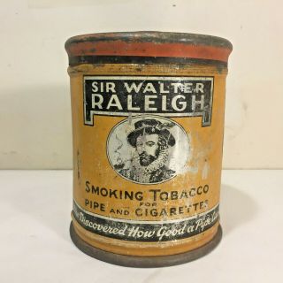 Vtg Round Sir Walter Raleigh Canister Smoking Tobacco Tin W Lid 6 " Tall 5 " Wide