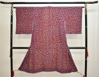 Vintage Silk Kimono Jacket:1950s Wine Red/light Blue Exotic Tree Peony@ys73