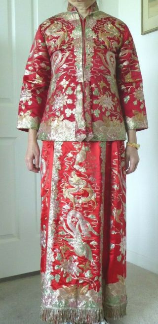 Antique Vintage Chinese Embroid Dragon Phoenix Silk 2 Pc Wedding Dress Costume 6