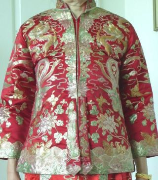 Antique Vintage Chinese Embroid Dragon Phoenix Silk 2 pc Wedding Dress Costume 6 2