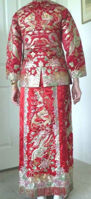 Antique Vintage Chinese Embroid Dragon Phoenix Silk 2 pc Wedding Dress Costume 6 3
