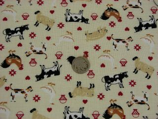 Vtg Quilt/craft Cotton Fabric Traditions Novelty Farm Animals & Hearts - 45x6.  8yds