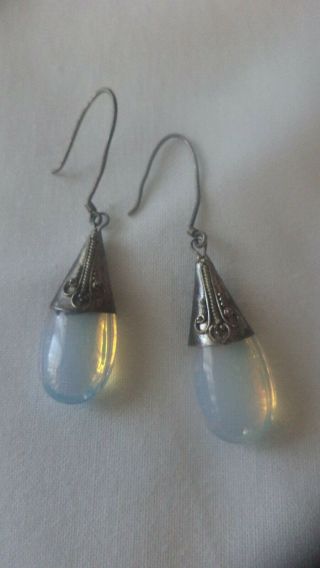 Vintage Estate Sterling Silver Opal Tear Drop Hook Dangle Earrings
