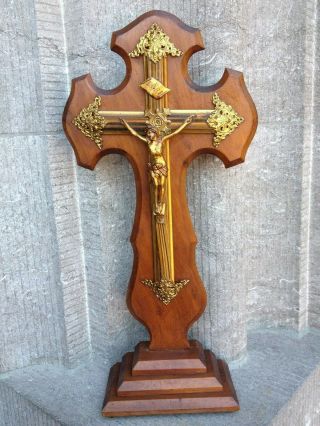 Antique Altar Standing Wood Filigree Cross Crucifix Metal Jesus Christ Corpus.