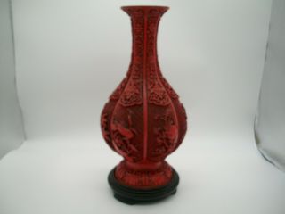 Vintage Red Carved Lacquer Cinnabar And Cloisonne Chinese Vase 12.  5 " Tall