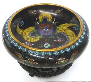 Fine Vintage Antique Chinese Dragon Cloisonne Enamel Brass Bowl W Stand