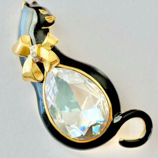 Sign Trifari Vtg Black Enamel Cat Jelly Belly Crystal Gold Tn Bow Brooch Pin 614