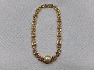 Vintage Signed Napier Gold Tone Chunky Necklace With Faux Pearl Cabochon 16 "
