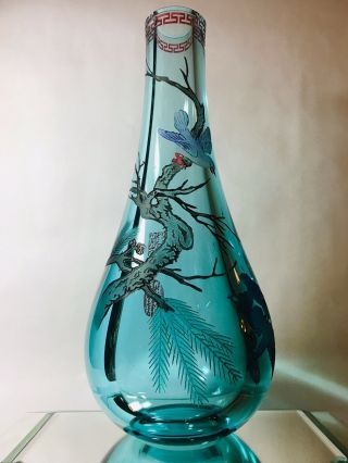 Rare Etched Antique Blue Chinese Hand Blown Glass Vase - 9 Pounds - 13.  5 " Tall